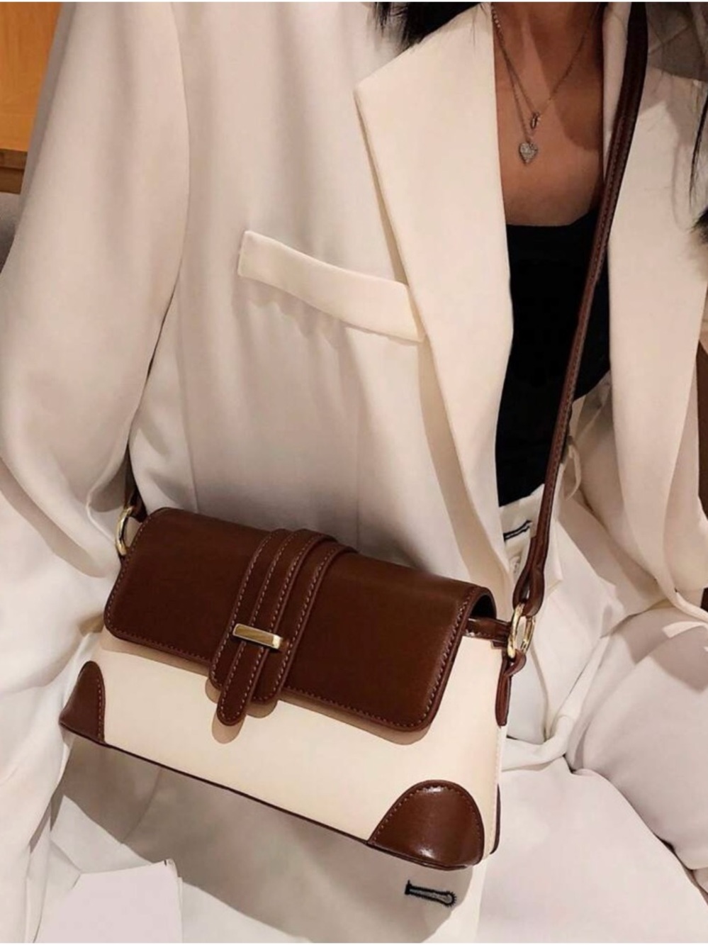 Classic Two-Tone Brown and Cream Vintage style Crossbody Bag